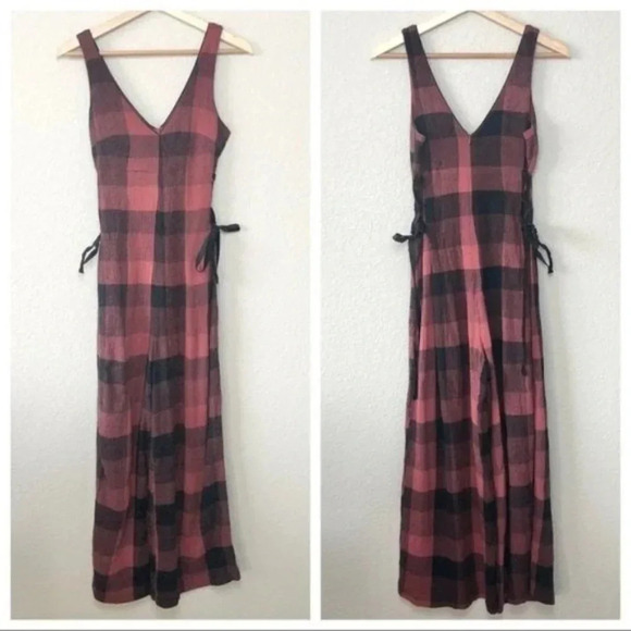 Anthropologie Ett:twa Red & Black Checked Plaid Wide Leg Crop Jumpsuit 0 - Picture 2 of 12